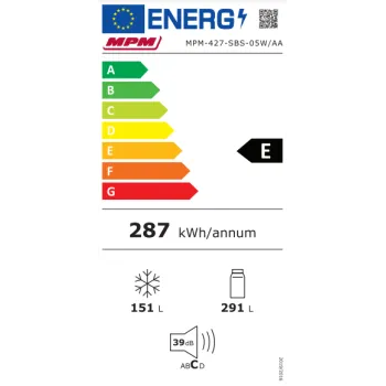MPM side by side hűtőszekrény fagyasztóval MPM-427-SBS-05W/AA,442L, 177 x 90 x 59 cm, Full No Frost 