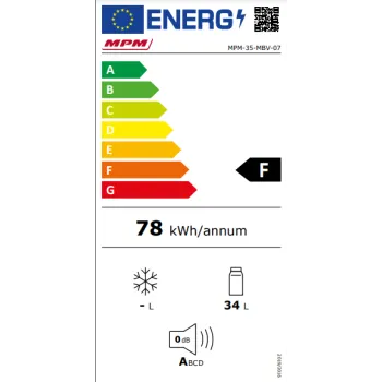 MPM termoelektromos 1ajtós mini hűtő beépítési lehetőséggel MPM-35-MBV-07,34L,53 x 40 x 43 cm, fekete 