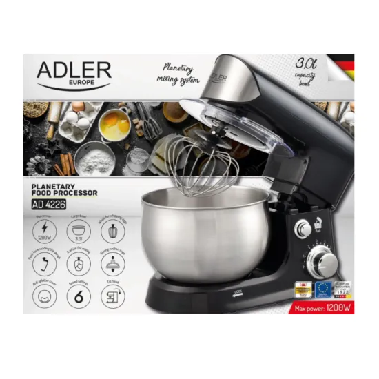 Adler AD4226B fekete konyhai robotgép, 1200 W, 3L rozsdamentes tál
