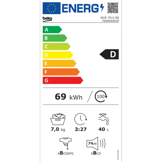 Beko WUE7612BS mosógép 7kg ProSmart™ inverteres motor 1200 ford., gőz funkció, 60x49x84.5cm 