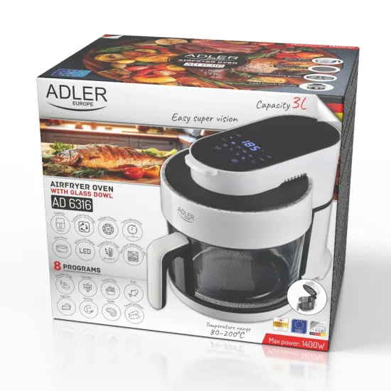 Adler AD6316 AyrFryer sütő üveg tállal, 3 liter, érintőpanel, 1400W