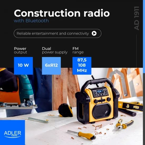 Adler AD1911 építőipari por és vízálló rádió, robosztus ház hordfogantyúval, Bluetooth