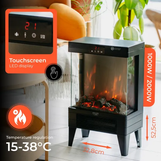 Adler AD7755 elekromos kandalló, 3D lánghatás, 1000/2000W, fekete szín 