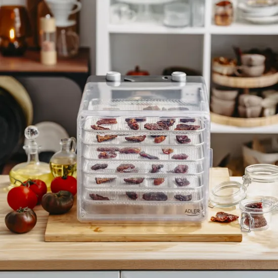 Adler AD 6660 aszalógép, 600W, 29x29 cm-es átmérőjű aszalótálcával, fekete szín 