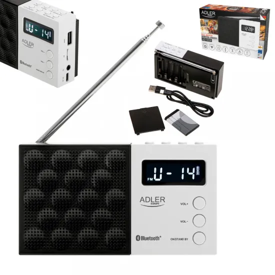 Adler AD1908 hordozható akkus FM rádió, LCD kijelző, Bluetooth 5.0, USB/SD lejátszás, akár 20 FM állomás mentése