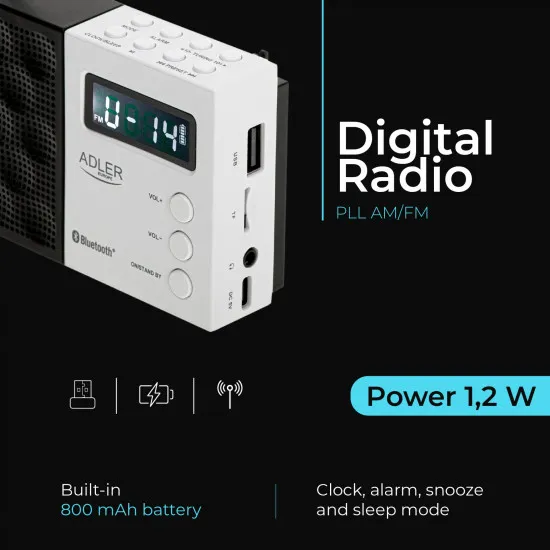 Adler AD1908 hordozható akkus FM rádió, LCD kijelző, Bluetooth 5.0, USB/SD lejátszás, akár 20 FM állomás mentése