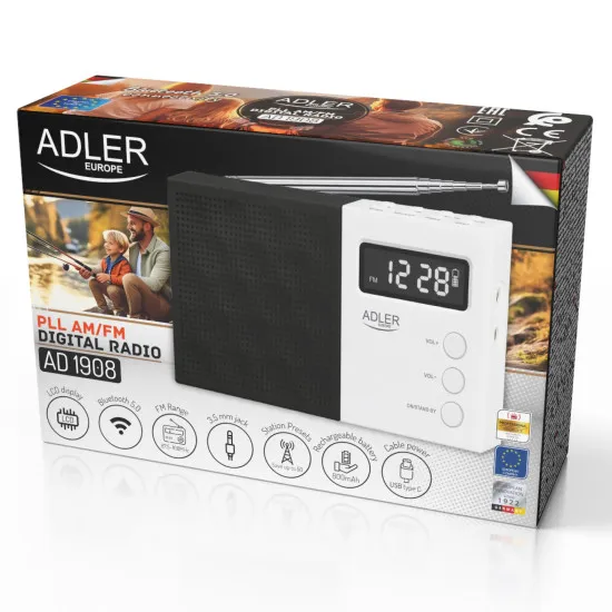 Adler AD1908 hordozható akkus FM rádió, LCD kijelző, Bluetooth 5.0, USB/SD lejátszás, akár 20 FM állomás mentése