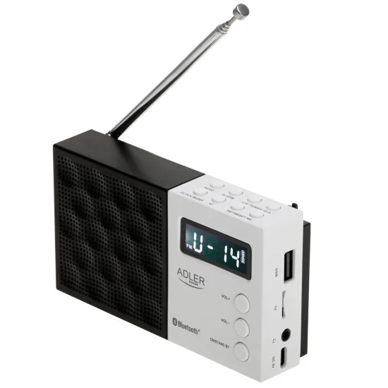 Adler AD1908 hordozható akkus FM rádió, LCD kijelző, Bluetooth 5.0, USB/SD lejátszás, akár 20 FM állomás mentése
