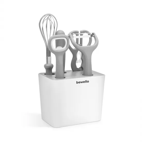 Bewello konyhai eszköz szett tartóval 5+1 részes műanyag BW1006 habverő, olló, diótörő, zöldséghámozó, sörbontó, kés