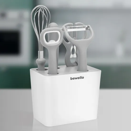 Bewello konyhai eszköz szett tartóval 5+1 részes műanyag BW1006 habverő, olló, diótörő, zöldséghámozó, sörbontó, kés