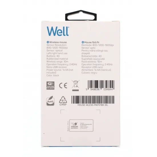 Well MOUSE-WLESS-MW101BK-WL, Vezeték nélküli Optikai egér