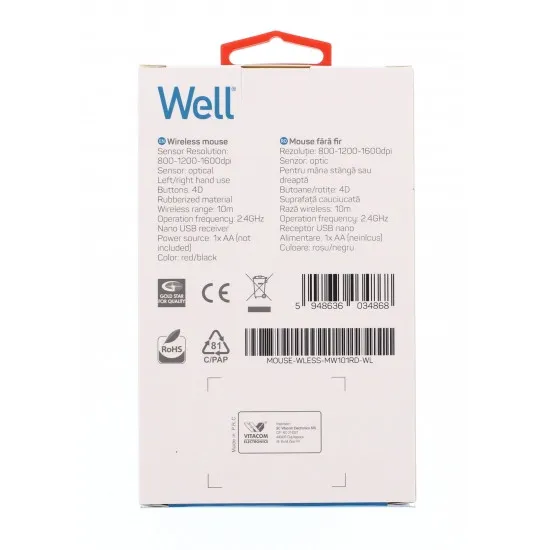 Well MOUSE-WLESS-MW101RD-WL, Vezeték nélküli Optikai egér