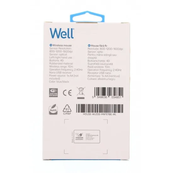 Well MOUSE-WLESS-MW101BE-WL, Vezeték nélküli Optikai egér