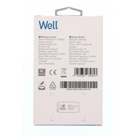 Well MOUSE-WLESS-MW102GY-WL, Vezeték nélküli Optikai egér