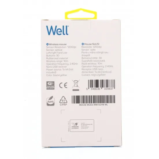 Well MOUSE-WLESS-MW102YW-WL, Vezeték nélküli Optikai egér