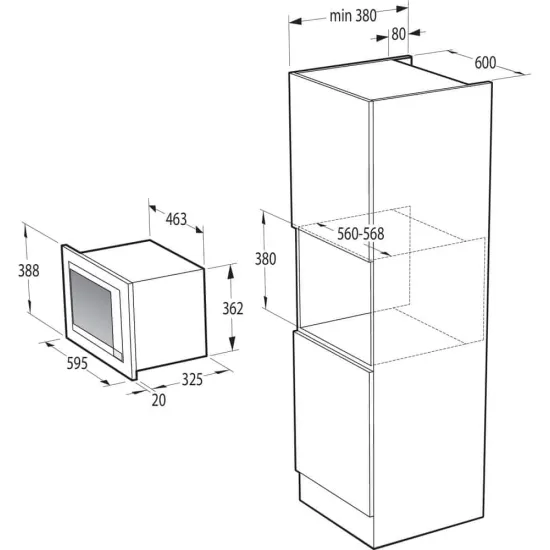 Gorenje BM201AG1X beépíthető mikrosütő, 800W, 20L, 59.5x32.5x38.8 cm, inox