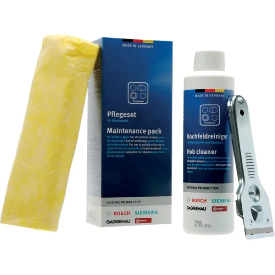 Bosch ápolókészlet üvegkerámia és indukciós főzőlapokhoz 00311900  1x 250 ml-es üvegkerámia tisztító, 1x fémkaparó 1x tisztítókendő