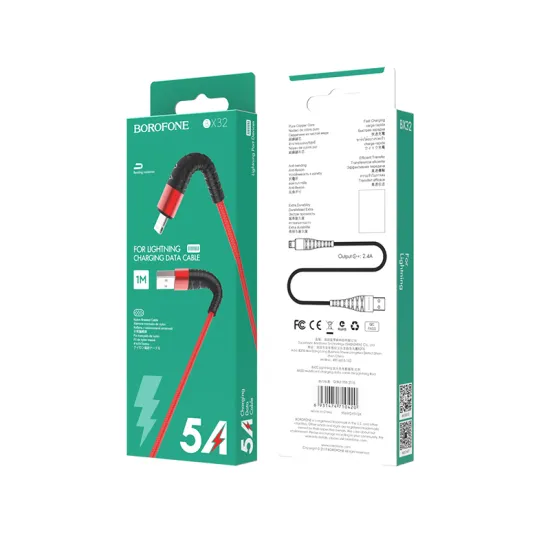 Borofone BX32 Lightning töltő és adatkábel 1m, 5.0A, törésgátlóval, piros  