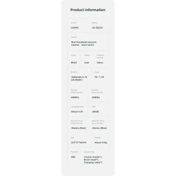 Usams ZB234 akkumulátoros mini hordozható porszívó 6000Pa teljesítménnyel fekete 