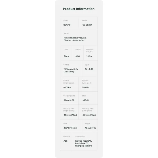 Usams ZB234 akkumulátoros mini hordozható porszívó 6000Pa teljesítménnyel fekete 