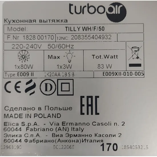 TurboAir TILLY WH/F/50 konyhai elszívó fehér 50 cm