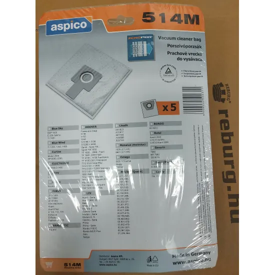 Aspico 514M 5db mikroszűrős porzsák Hoover kompatibilis H58 H63 H64 TF1600 