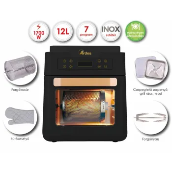 Ardes 1K3000 Air Fryer forrólevegős sütő, olajsütő forgókosárral,fekete,12L