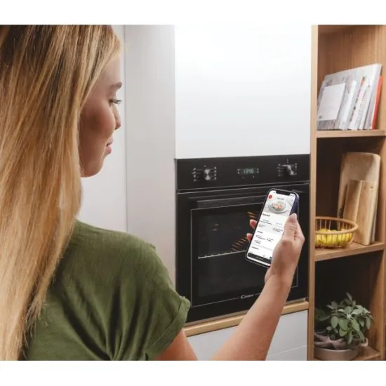 Candy FCT686N WIFI fekete beépíthető multifunkciós pirolitikus sütő, Pizza sütő funkcióval, 70L, D energiaosztály,59.5x56.8x59.5cm