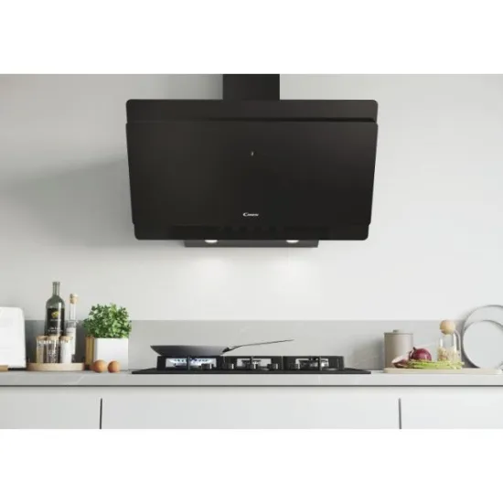 Candy CVMA90N beépíthető falra szerelhető döntött kürtös konyhai elszívó,90cm,LED világítás, Glass, fekete
