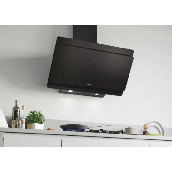 Candy CVMA90N beépíthető falra szerelhető döntött kürtös konyhai elszívó,90cm,LED világítás, Glass, fekete