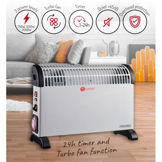 Mesko MS7741W elektromos konvektor időzítővel, turbo ventillátor fokozat, 750W, 1250W, 2000W