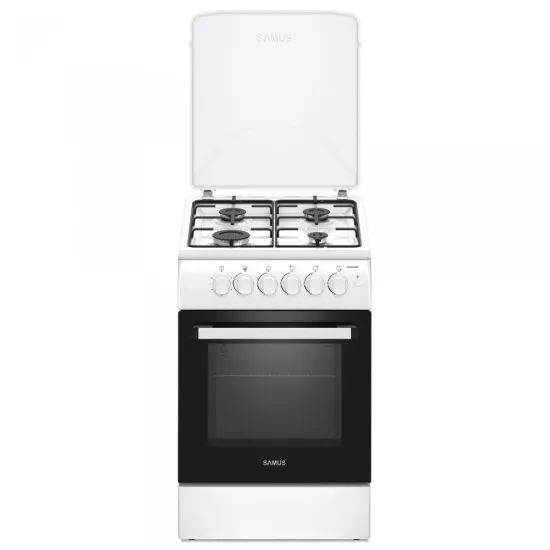 Samus SM561APBS gázpalackos üzemmódra szerelt gáztűzhely, szikragyújtás, időzítő, a gázpalack nem tartozéka a tűzhelynek