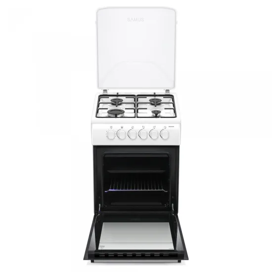 Samus SM561APBS gázpalackos üzemmódra szerelt gáztűzhely, szikragyújtás, időzítő, a gázpalack nem tartozéka a tűzhelynek