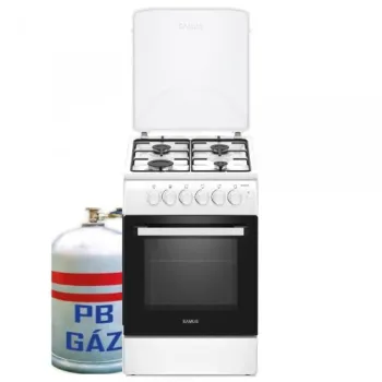 Samus SM561APBS gázpalackos üzemmódra szerelt gáztűzhely, szikragyújtás, időzítő, a gázpalack nem tartozéka a tűzhelynek