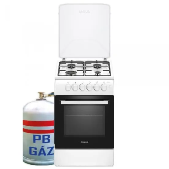 Samus SM561APBS gázpalackos üzemmódra szerelt gáztűzhely, szikragyújtás, időzítő, a gázpalack nem tartozéka a tűzhelynek