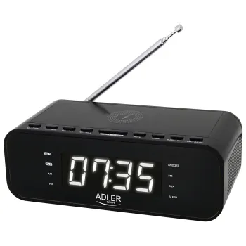 Adler AD1192B Órarádió Qi töltővel FM rádióval, ébresztőórát kis bluetooth hangszóróként is használhatja