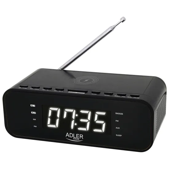 Adler AD1192B Órarádió Qi töltővel FM rádióval, ébresztőórát kis bluetooth hangszóróként is használhatja