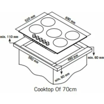 EVIDO MURANO 70B  HGM7WB.1 üveg-gáz 5 GÁZÉGŐS beépíthető ÜVEG GÁZ főzőlap