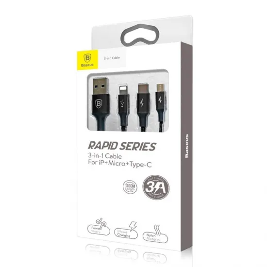 Baseus 3in1 kábel rapid széria MicroUSB+Lightning+C-típ 3A 1.2m piros CAMLT-SU01