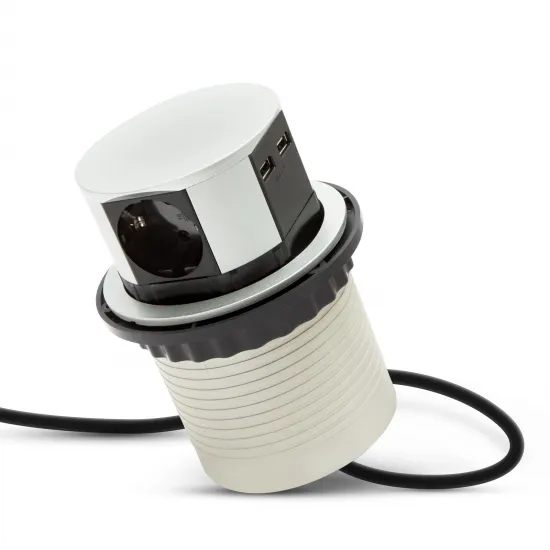 Delight 3-as + USB silver süllyeszthető elosztó irodai és otthoni felhasználásra, fém házzal GL20433