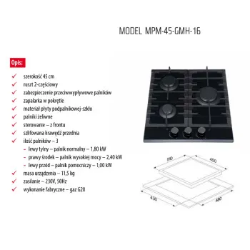 MPM MPM45 GMH16 45cm-es beépíthető gáz főzőlap MPM-45-GMH-16