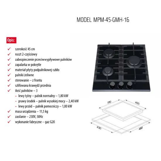 MPM MPM45 GMH16 45cm-es beépíthető gáz főzőlap MPM-45-GMH-16