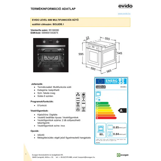 Evido LEVEL 60B fekete BOL6DB.1 beépíthető sütő