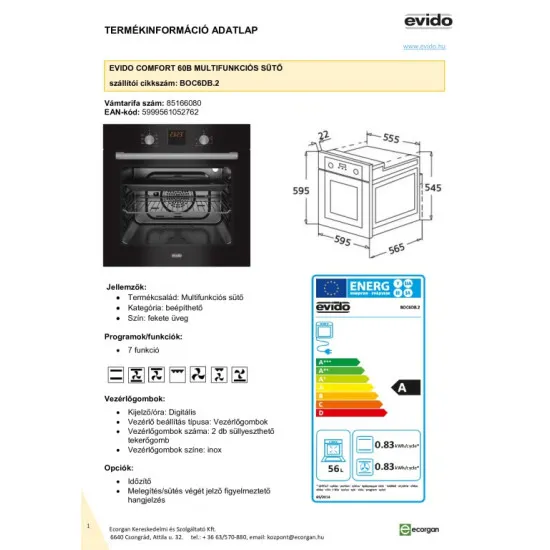 Evido Comfort 60W fekete beépíthető sütő BOC6DB.2