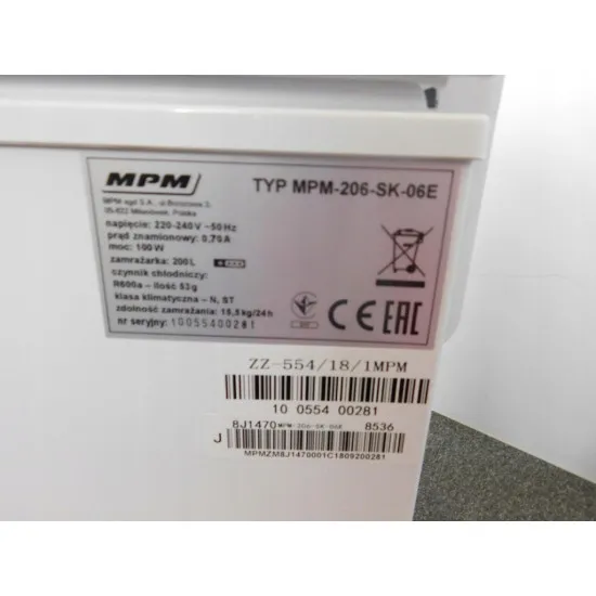 MPM MPM-206-SK-06E fagyasztóláda 198l kulcsra zárható  85 x 91 x 55 cm, -15 °C-on is működik, MPM206SK06E
