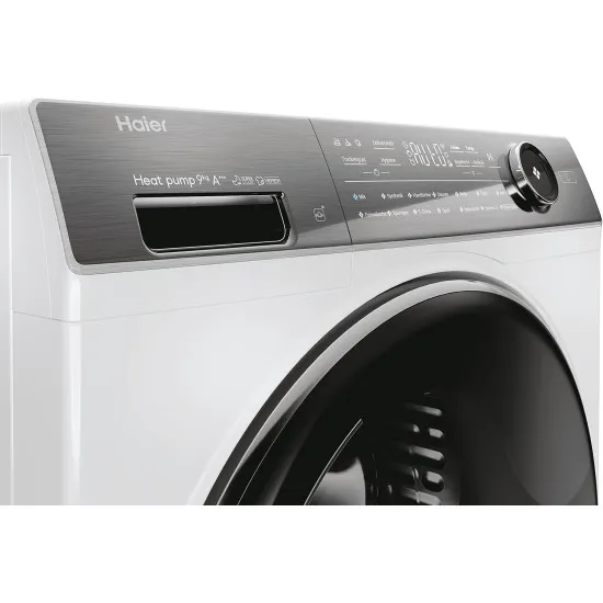 Haier HD90-A3Q979U1-S inverteres hőszivattyús szárítógép 9 Kg, Rendkívül csendes csak 59 dB Wi-Fi és hOn App/XL dob, dobvilágítás, fordítható ajtónyitás, 59.5x68x84.5cm 
