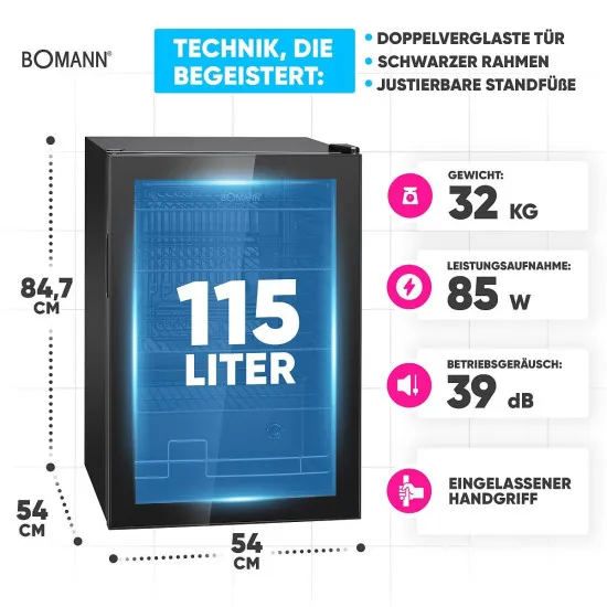 Bomann KSG7290 fekete üvegajtós italhűtő 115 liter 54x54x84.7 cm 