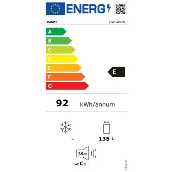 Candy CMLS68EW pult alá építhető egyajtós hűtőszekrény, 135L, 59.6x55x82 cm