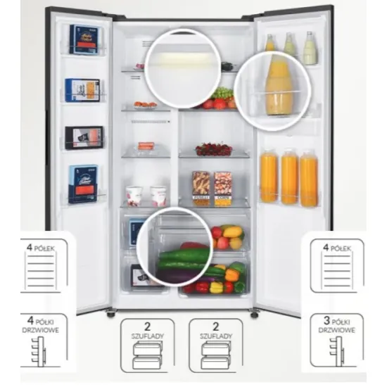 MPM side by side hűtőszekrény fagyasztóval MPM-439-SBS-15ND,288/151L,fekete, vízadagolóval, No Frost funkcióval, 90x59x177 cm 