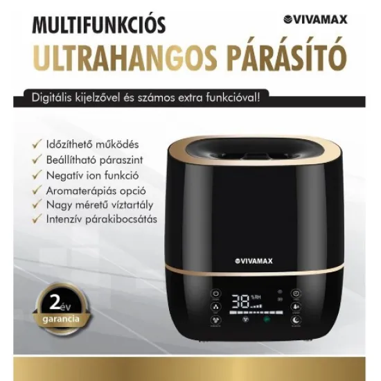 Vivamax GYVH59 multifunkciós ultrahangos párásító 5l-es víztartállyal, fekete/arany szín  